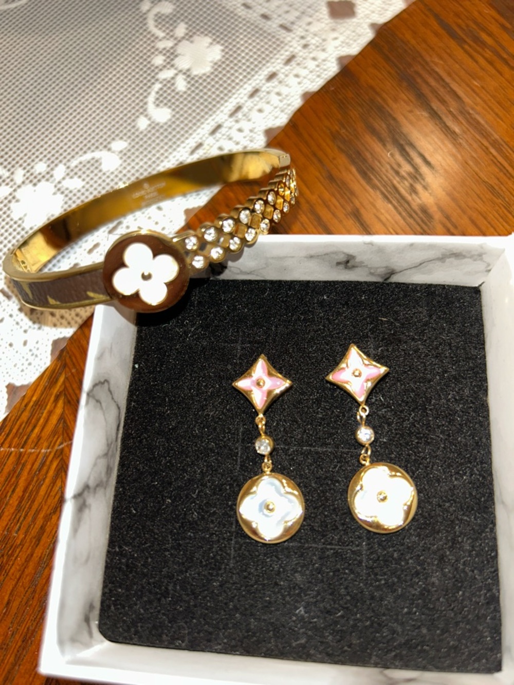 Designer Gold-Tone White & Pink Floral Drop Earrings with Bracelet